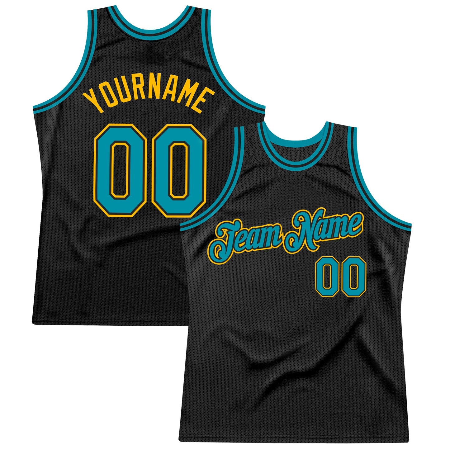 Custom Black Teal-Gold Authentic Throwback Basketball Jersey - Main View