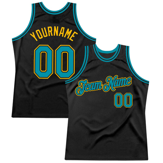 Custom Black Teal-Gold Authentic Throwback Basketball Jersey - Main View