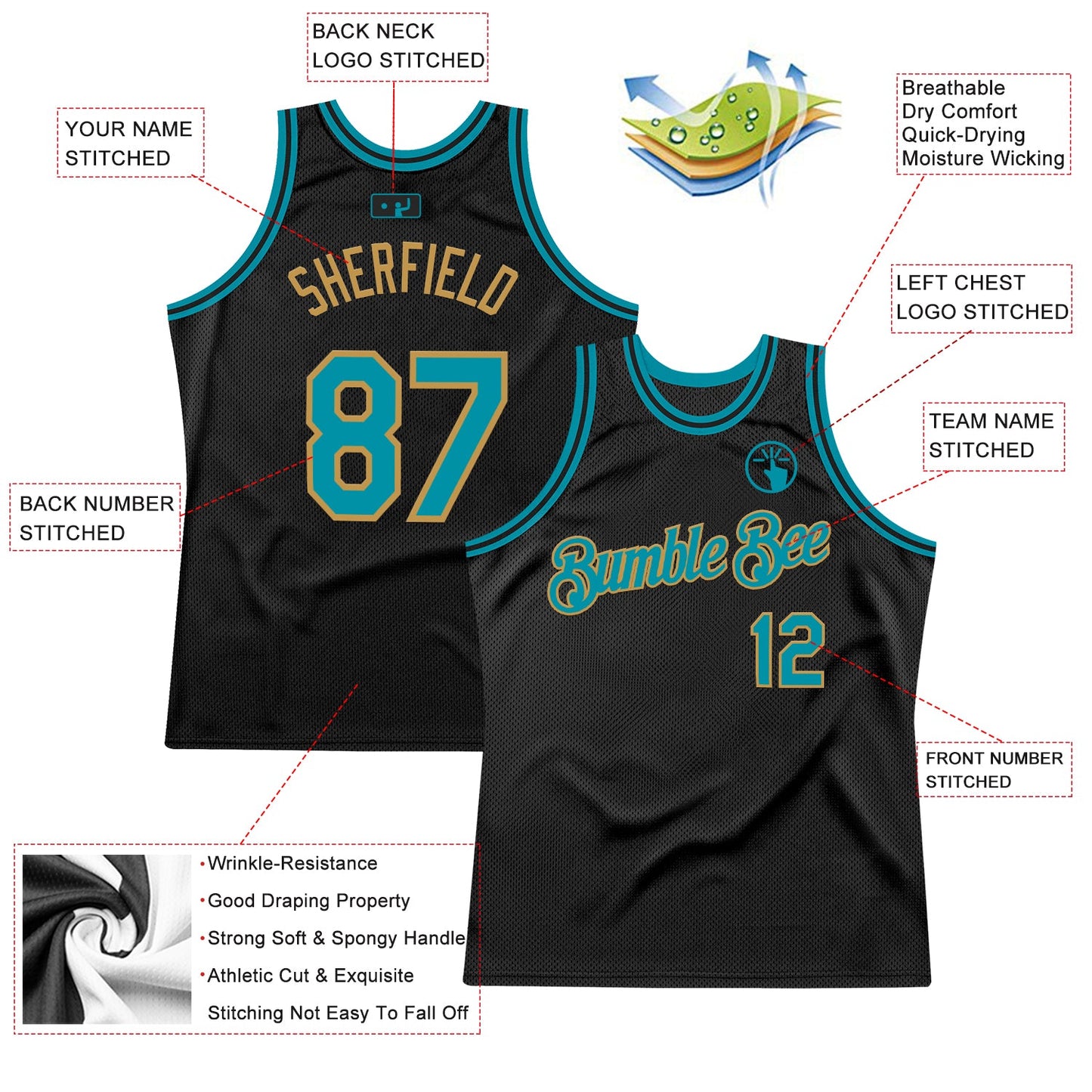 Custom Black Teal-Old Gold Authentic Throwback Basketball Jersey view 2