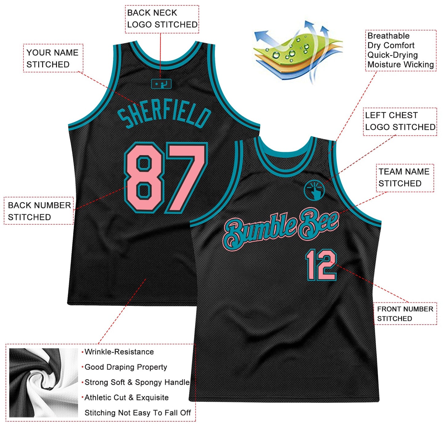 Custom Black Medium Pink-Teal Authentic Throwback Basketball Jersey view 2