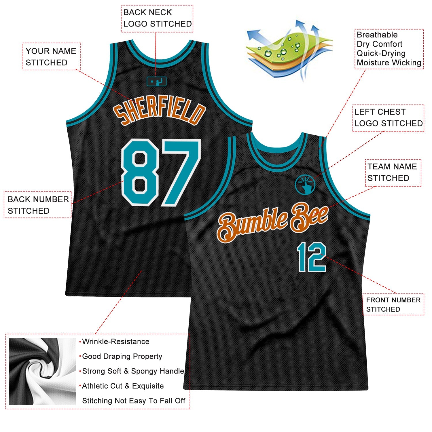 Custom Black Teal-Texas Orange Authentic Throwback Basketball Jersey view 2