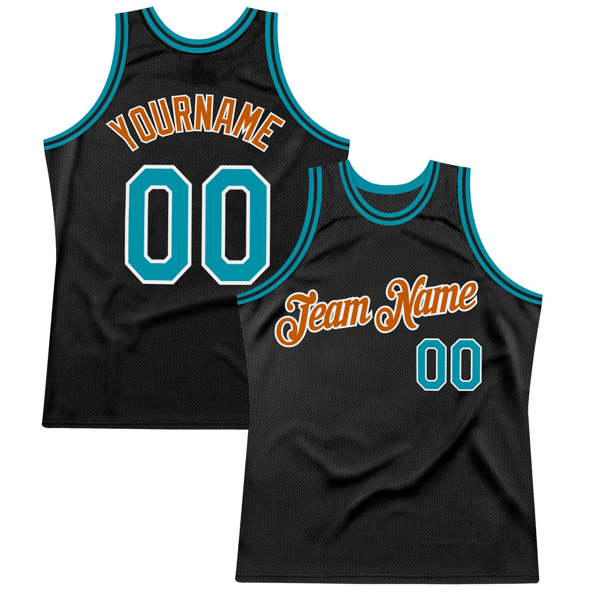 Custom Black Teal-Texas Orange Authentic Throwback Basketball Jersey - Main View