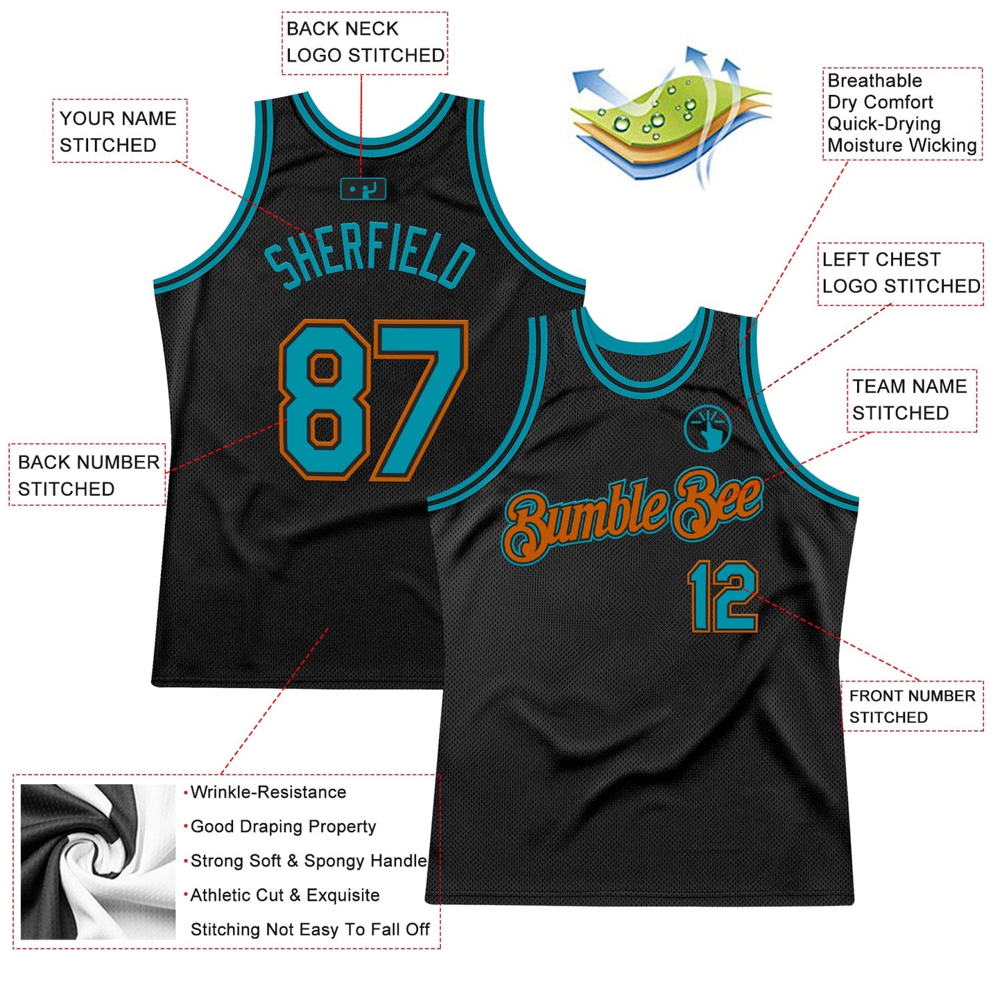 Custom Black Teal-Texas Orange Authentic Throwback Basketball Jersey view 2