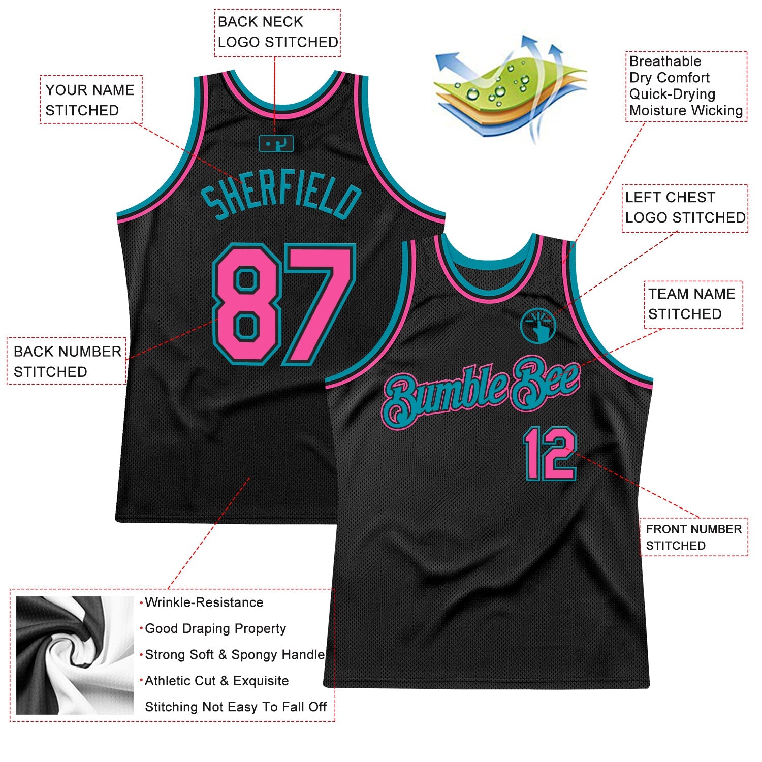 Custom Black Pink-Teal Authentic Throwback Basketball Jersey view 2