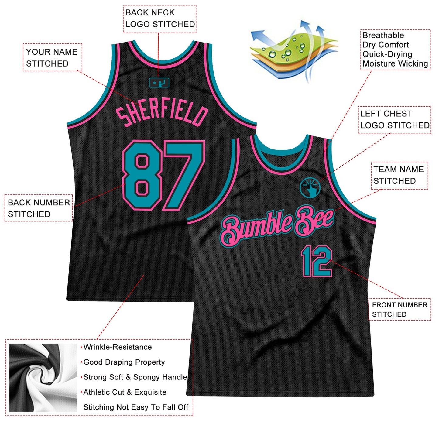 Custom Black Teal-Pink Authentic Throwback Basketball Jersey view 2