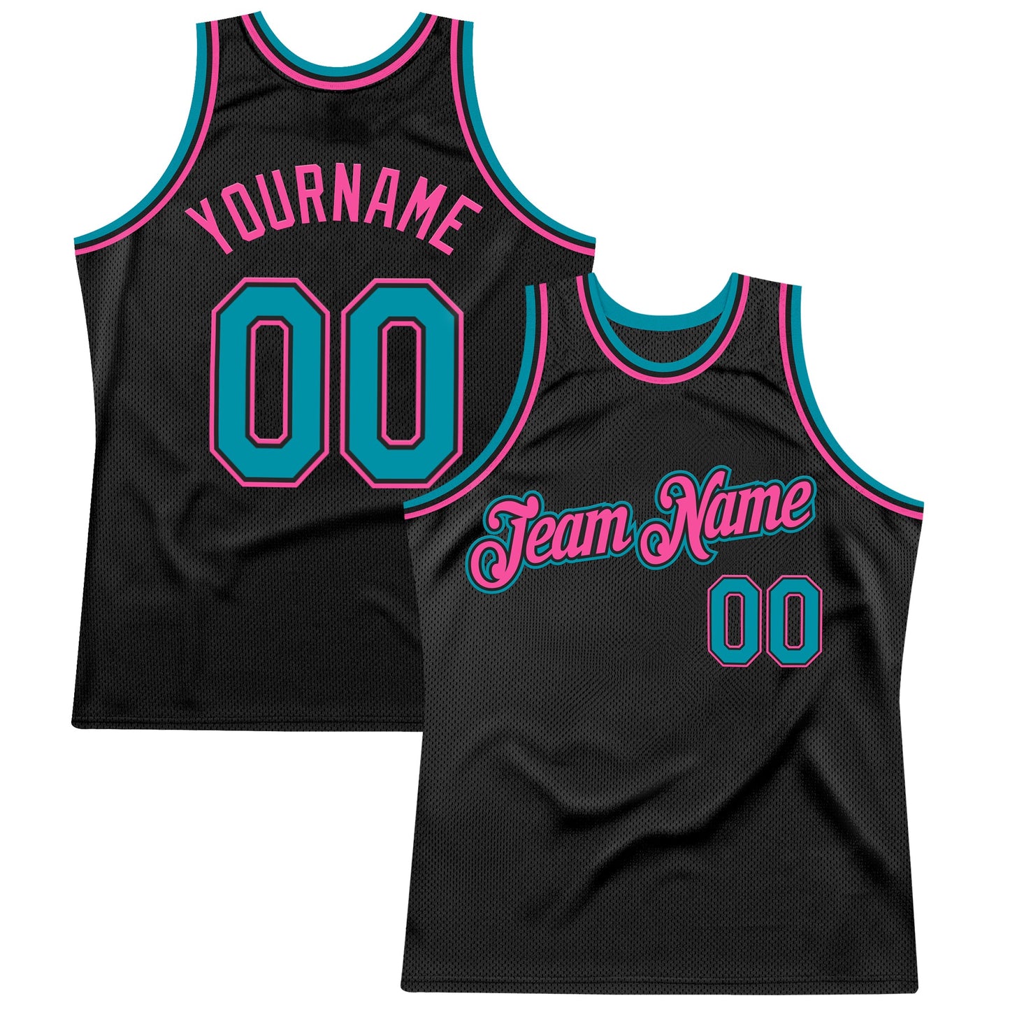 Custom Black Teal-Pink Authentic Throwback Basketball Jersey - Main View