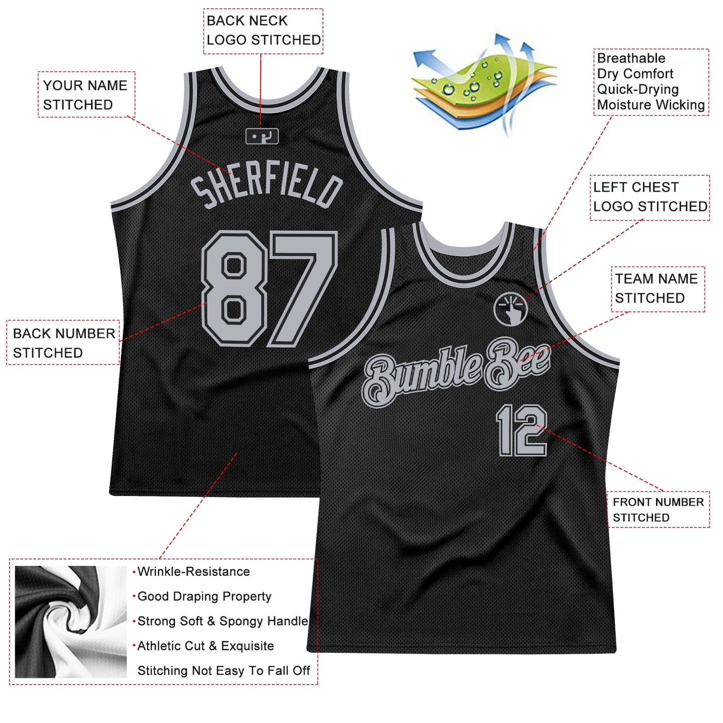 Custom Black Gray Authentic Throwback Basketball Jersey view 2