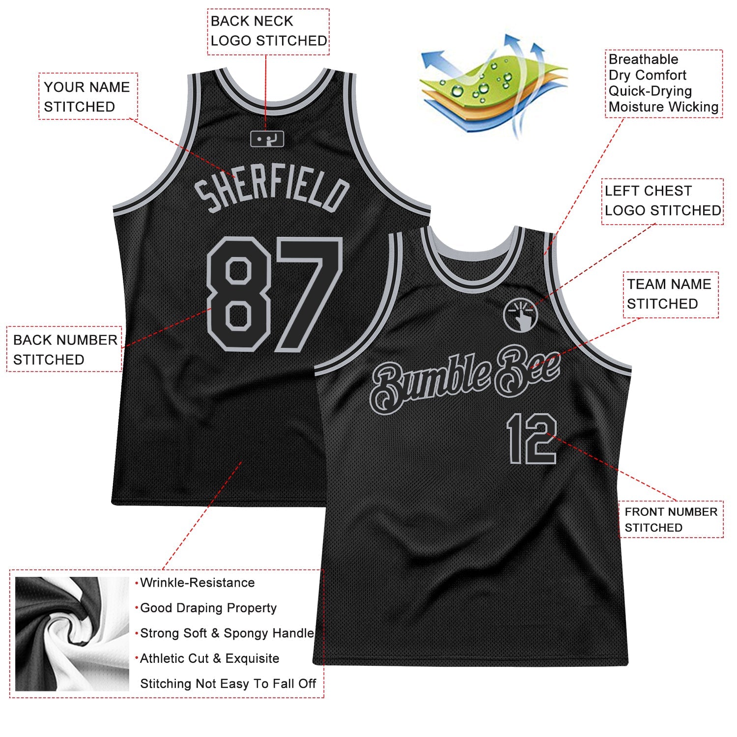 Custom Black Gray Authentic Throwback Basketball Jersey view 2