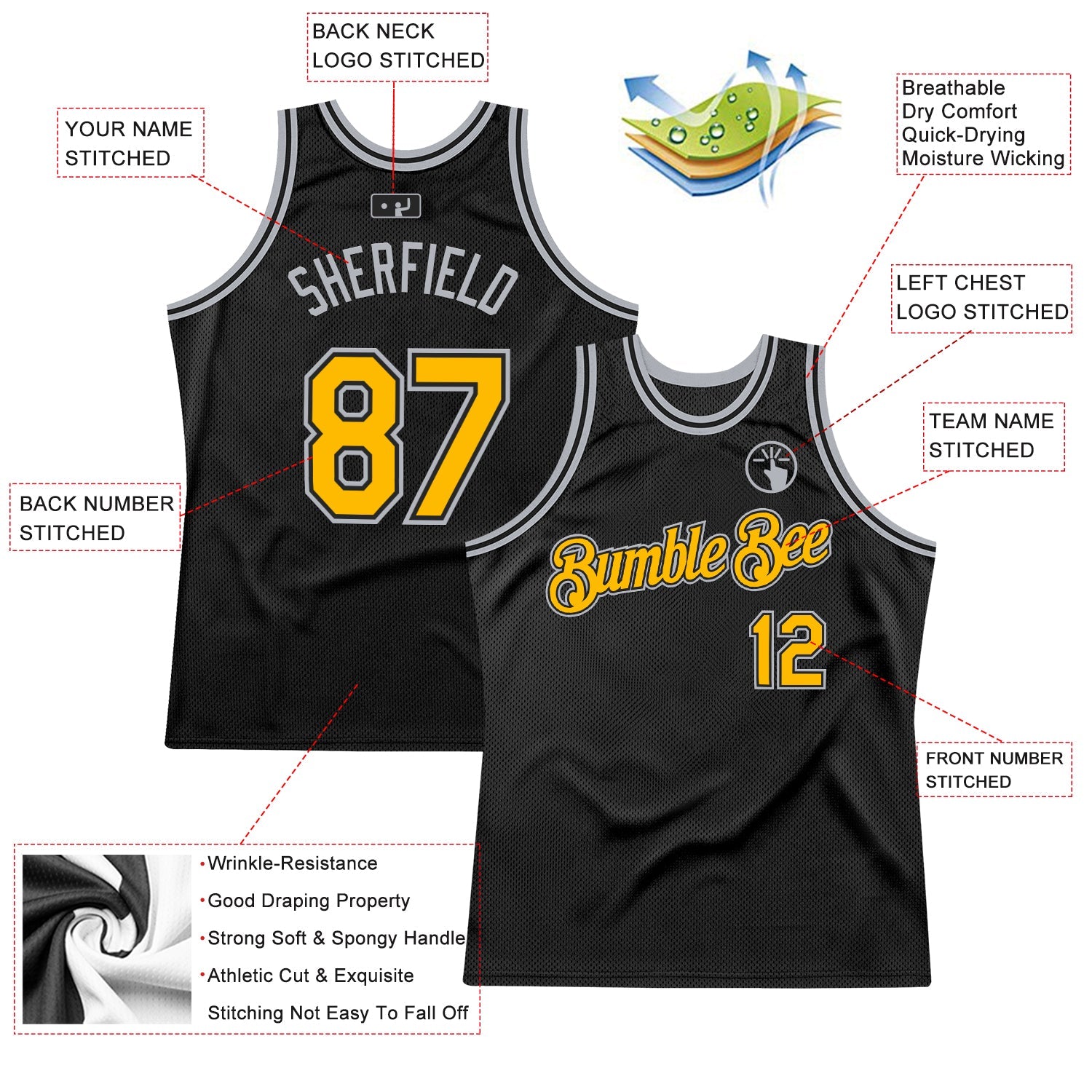 Custom Black Gold-Gray Authentic Throwback Basketball Jersey view 2