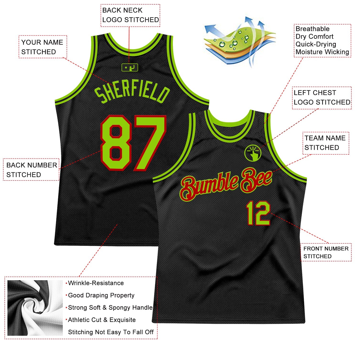 Custom Black Neon Green-Red Authentic Throwback Basketball Jersey view 2