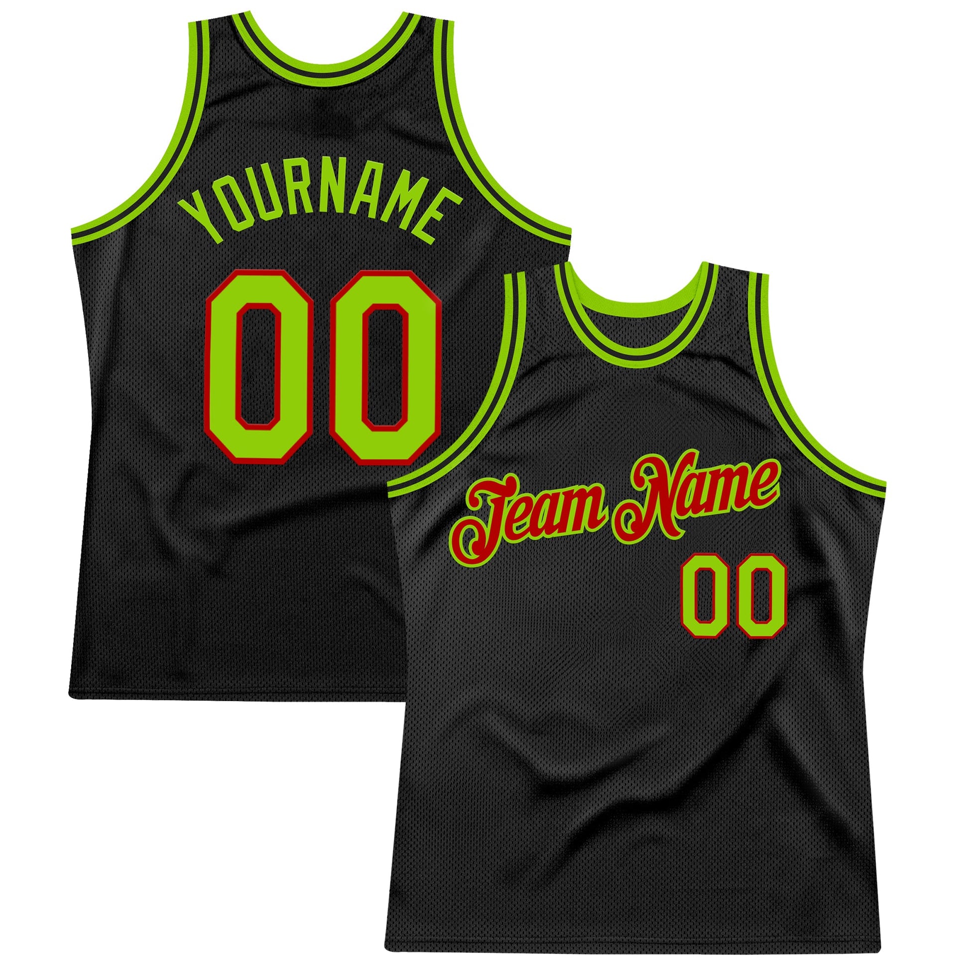 Custom Black Neon Green-Red Authentic Throwback Basketball Jersey - Main View