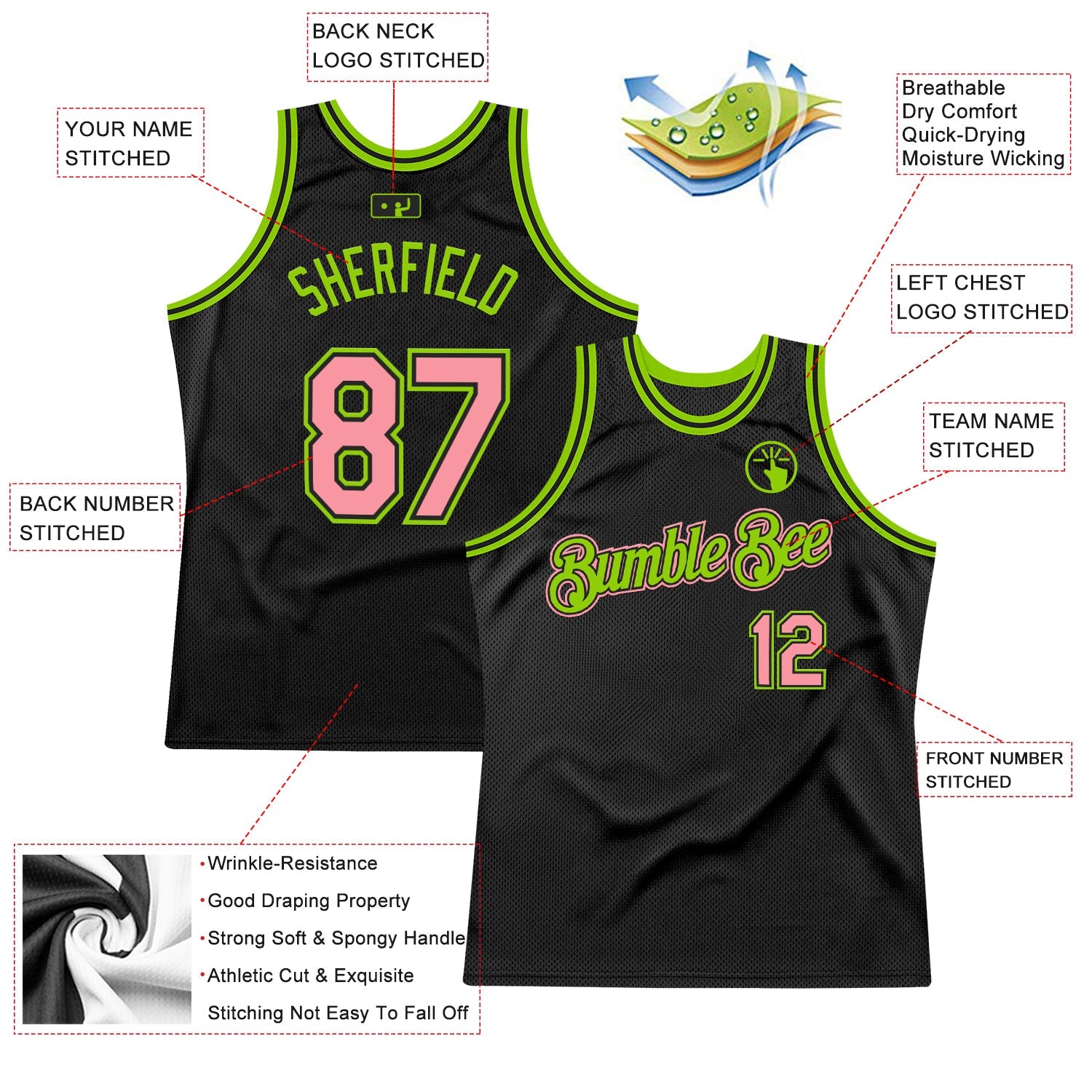 Custom Black Medium Pink-Neon Green Authentic Throwback Basketball Jersey view 2