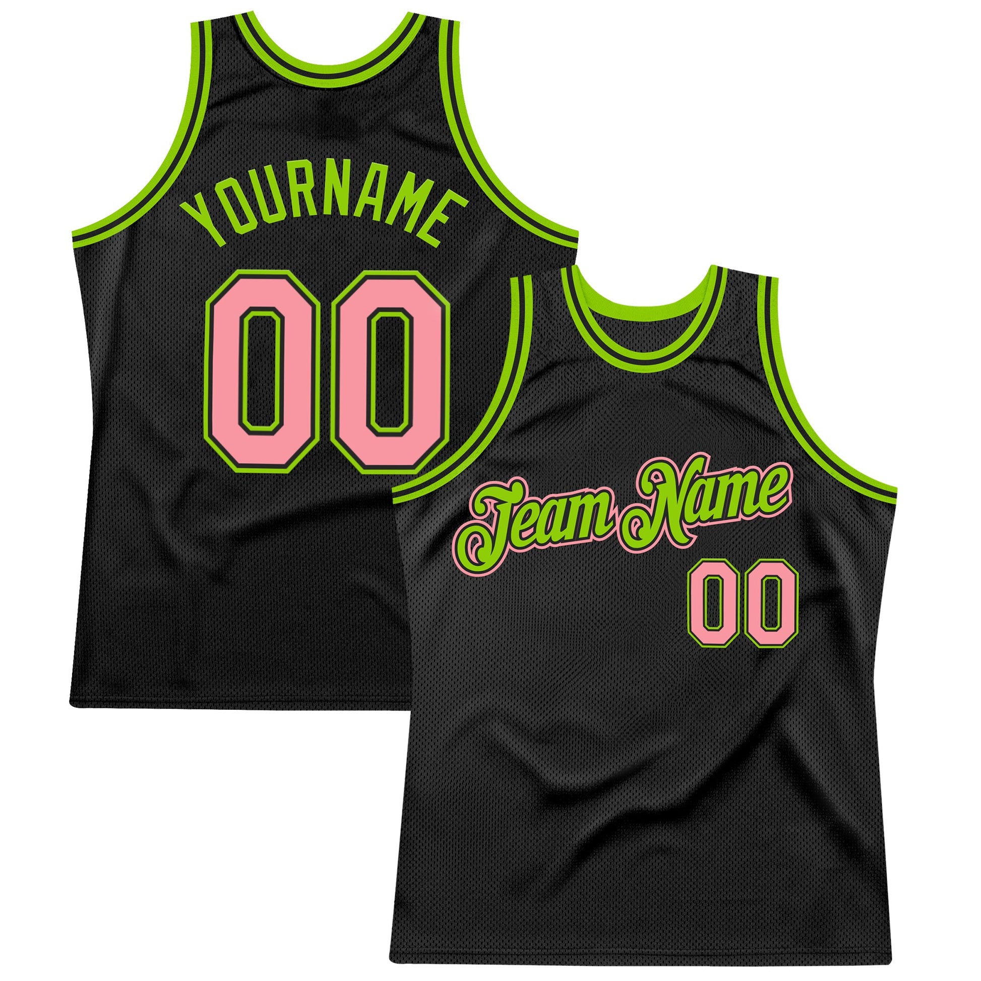 Custom Black Medium Pink-Neon Green Authentic Throwback Basketball Jersey - Main View