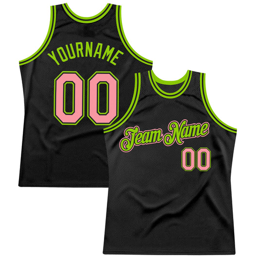 Custom Black Medium Pink-Neon Green Authentic Throwback Basketball Jersey - Main View