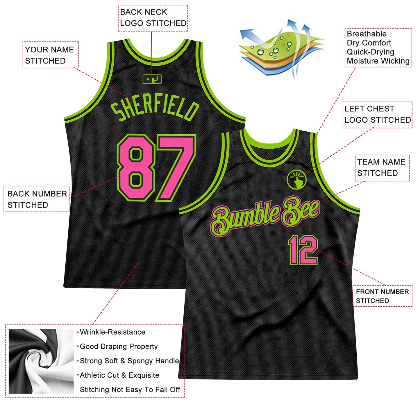Custom Black Pink-Neon Green Authentic Throwback Basketball Jersey view 2