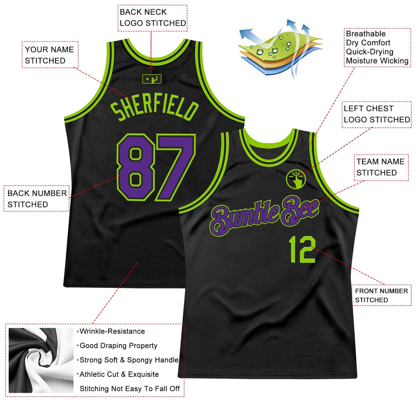 Custom Black Purple-Neon Green Authentic Throwback Basketball Jersey view 2