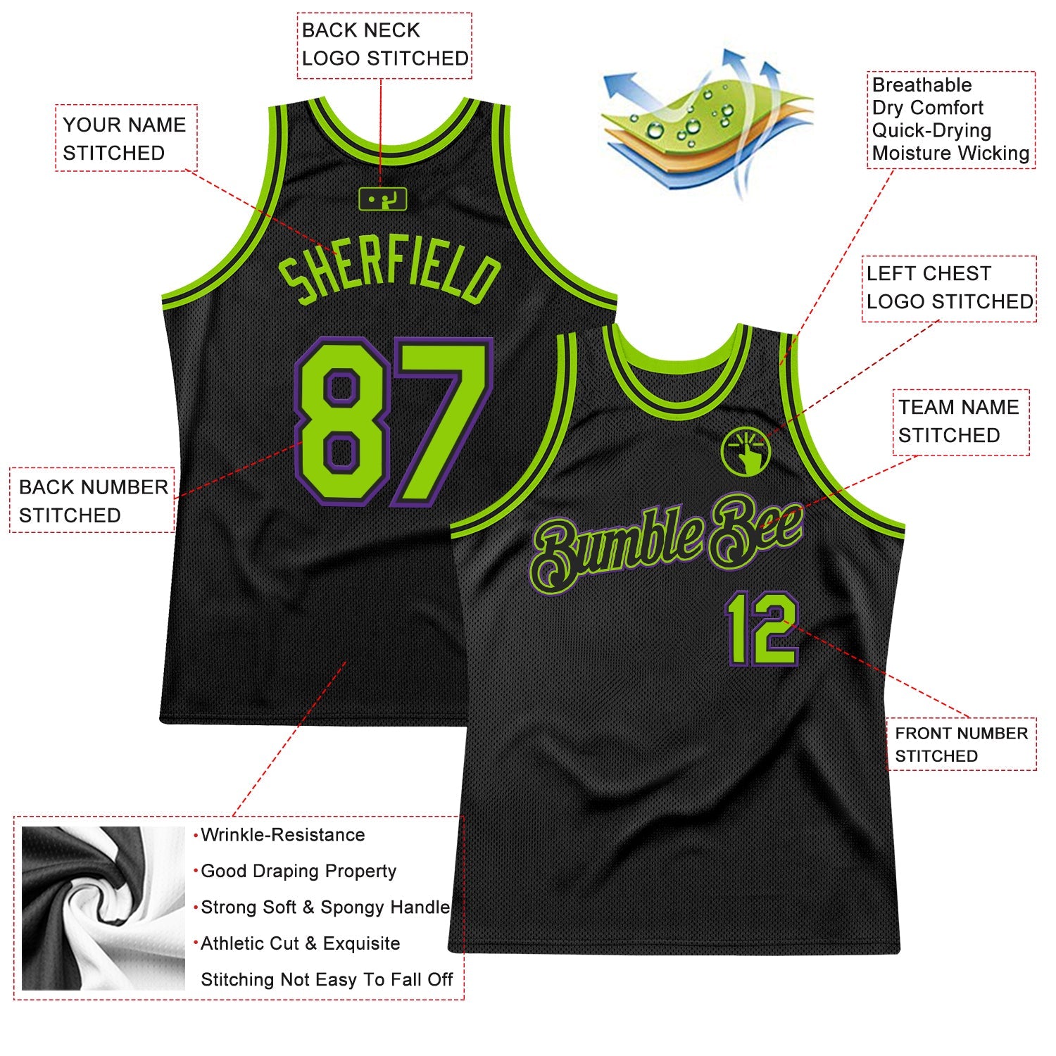 Custom Black Neon Green-Purple Authentic Throwback Basketball Jersey view 2