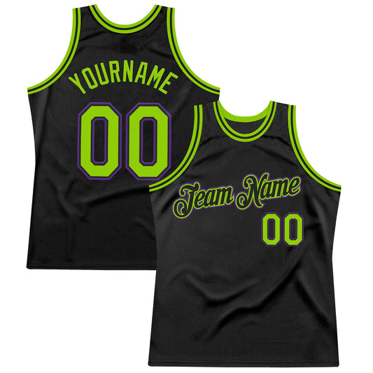 Custom Black Neon Green-Purple Authentic Throwback Basketball Jersey - Main View