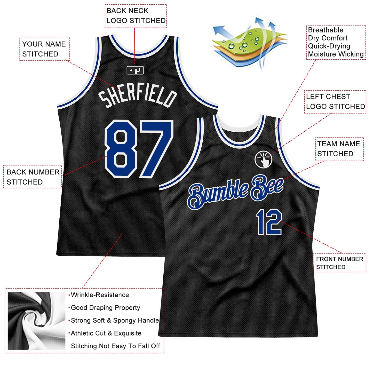 Custom Black Royal-White Authentic Throwback Basketball Jersey view 2