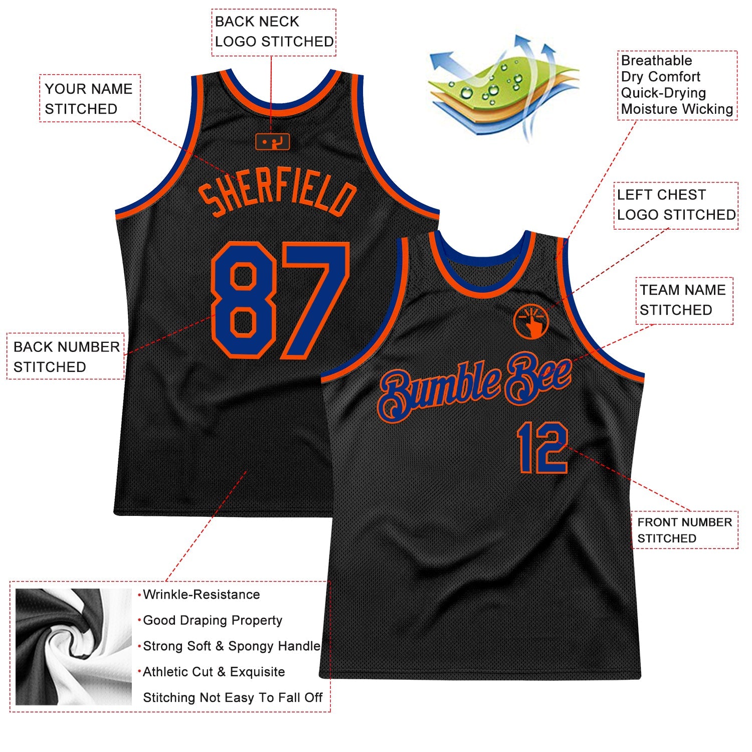 Custom Black Royal-Orange Authentic Throwback Basketball Jersey view 2