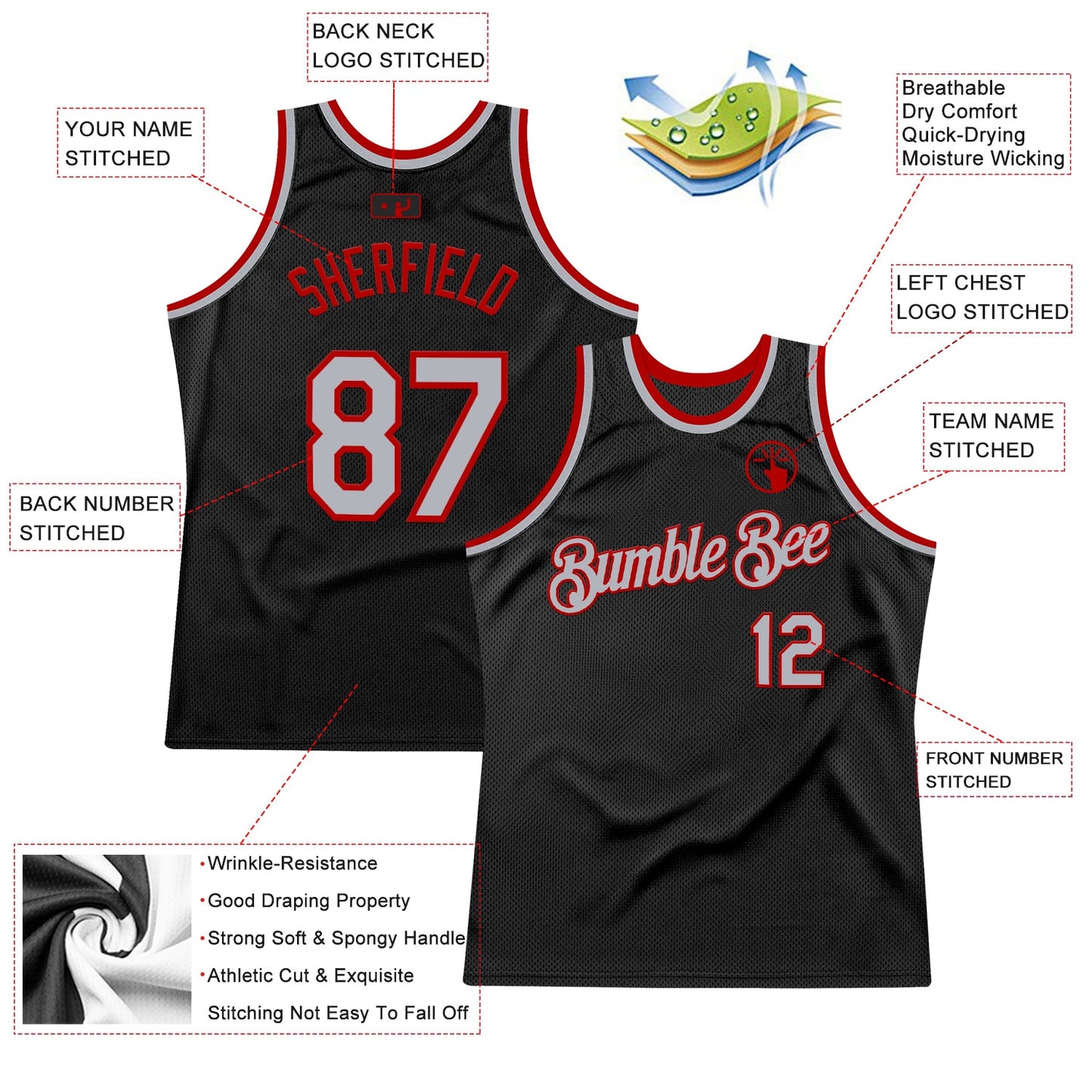 Custom Black Gray-Red Authentic Throwback Basketball Jersey view 2