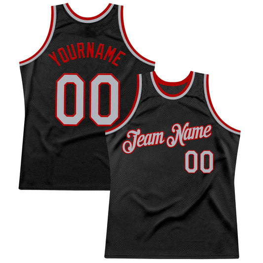 Custom Black Gray-Red Authentic Throwback Basketball Jersey - Main View