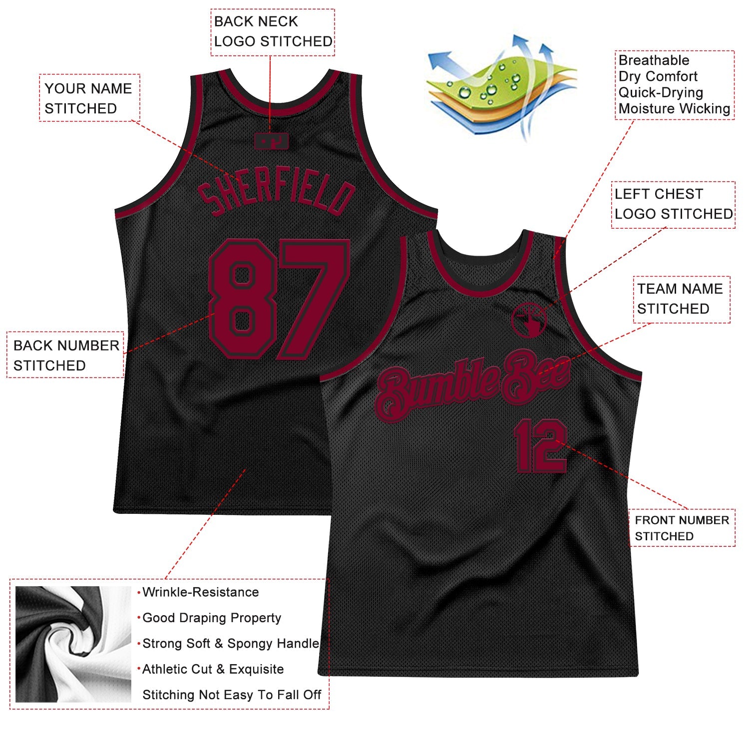 Custom Black Maroon Authentic Throwback Basketball Jersey view 2