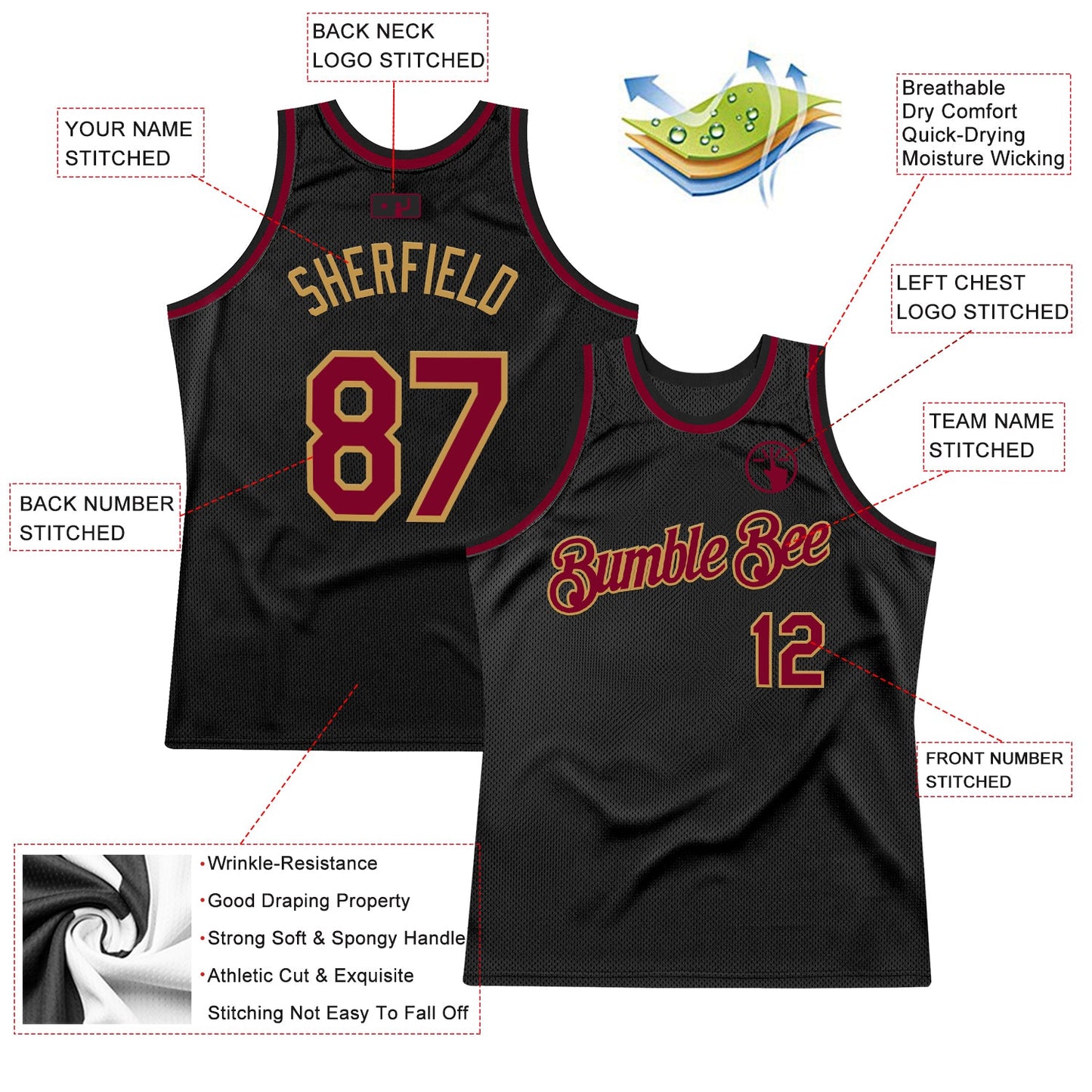 Custom Black Maroon-Old Gold Authentic Throwback Basketball Jersey view 2