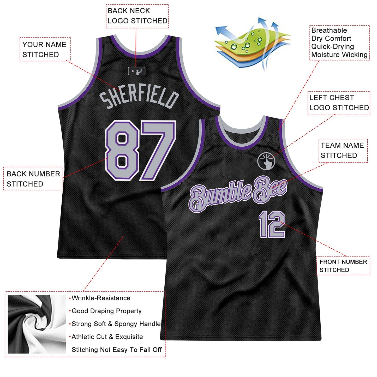 Custom Black Gray-Purple Authentic Throwback Basketball Jersey view 2