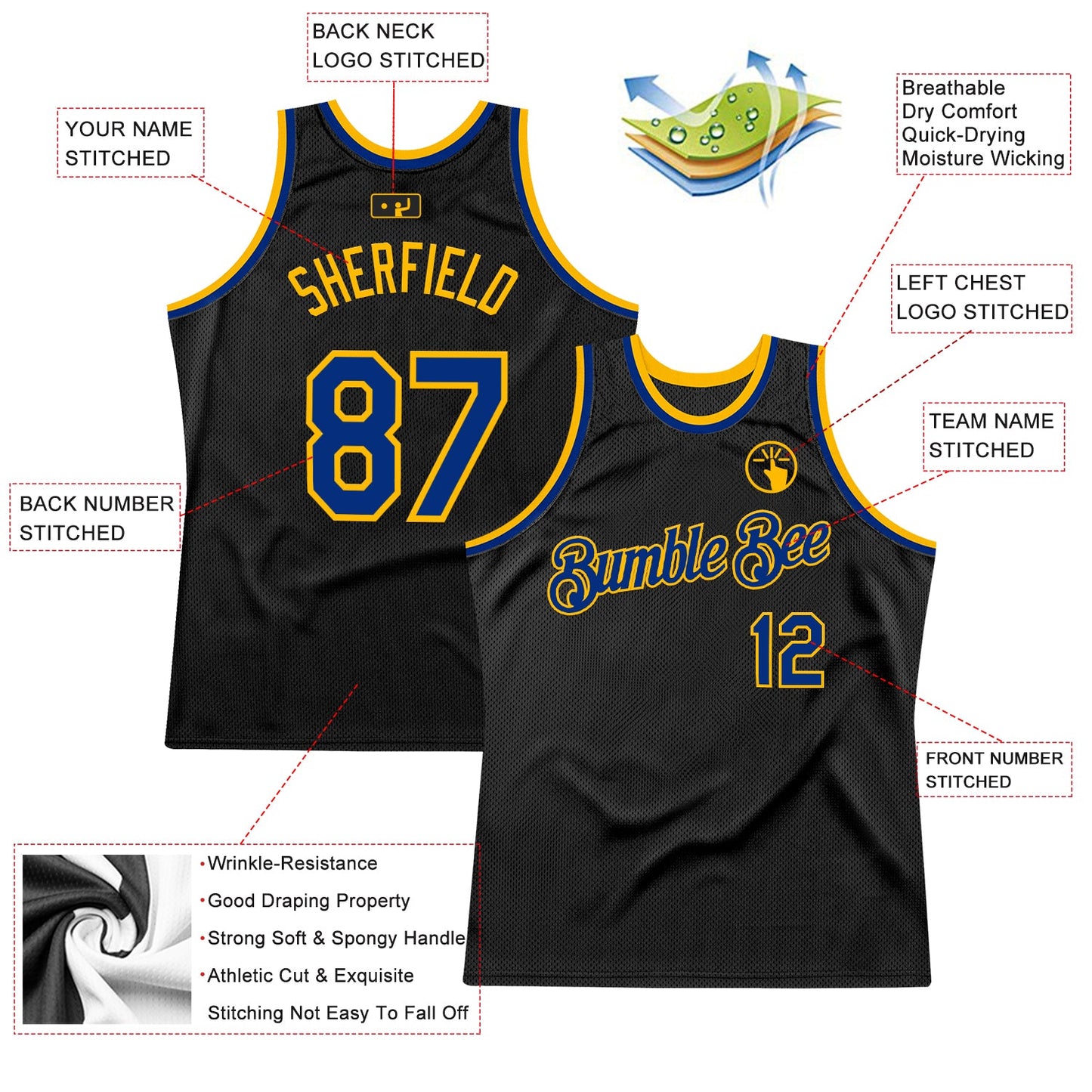 Custom Black Royal-Gold Authentic Throwback Basketball Jersey view 2