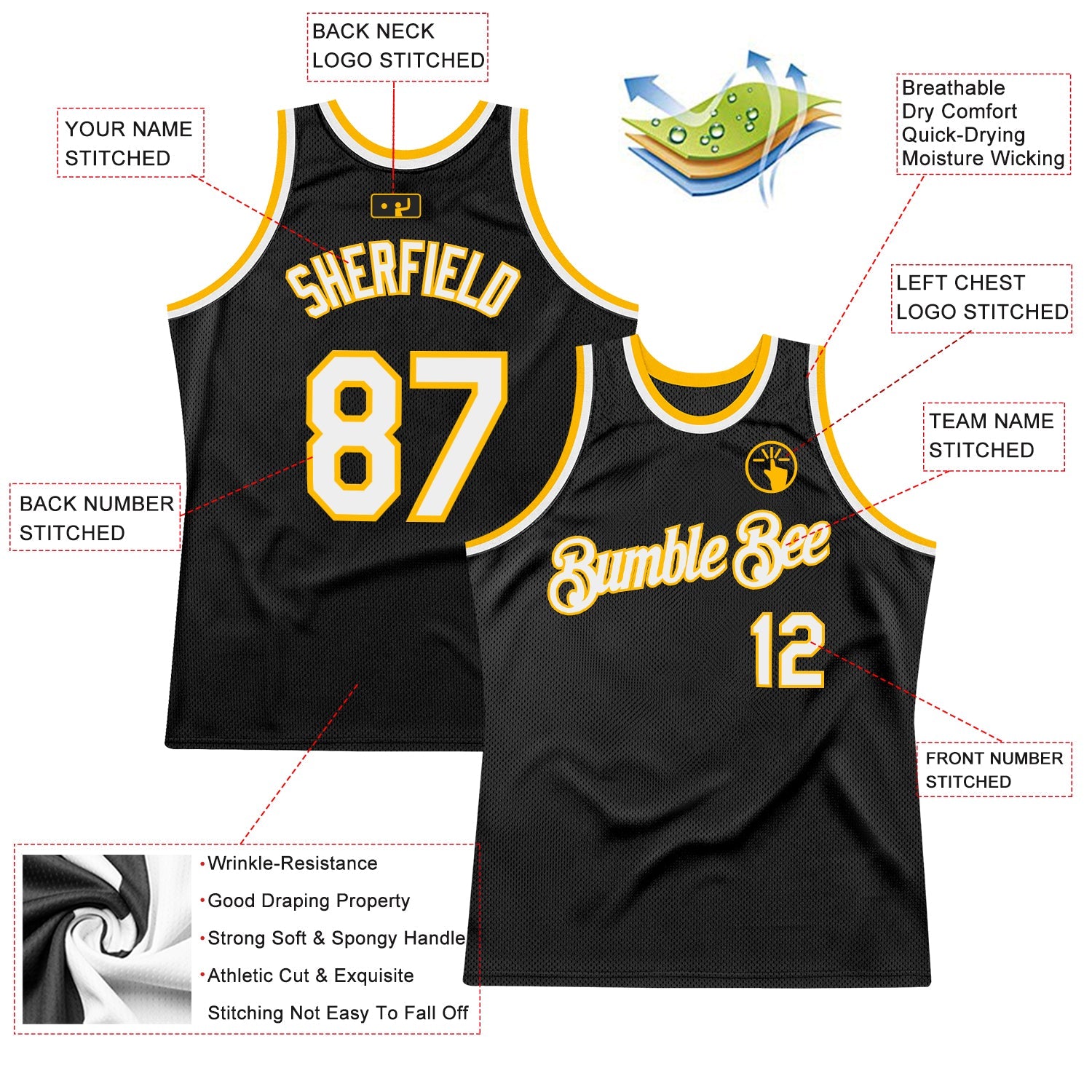 Custom Black White-Gold Authentic Throwback Basketball Jersey view 2