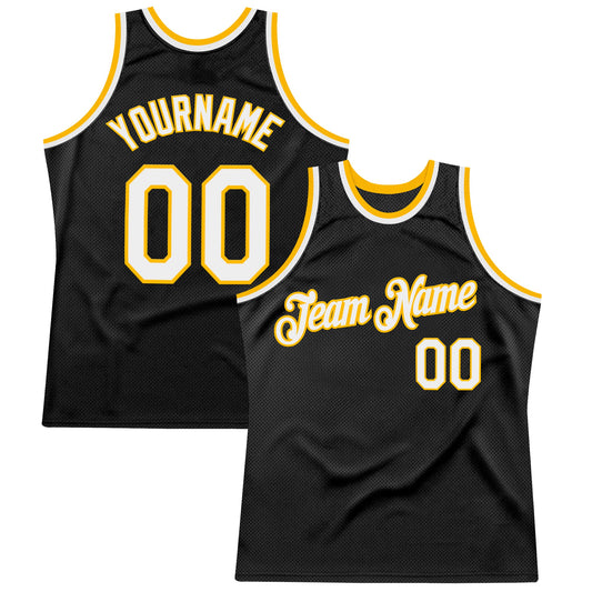 Custom Black White-Gold Authentic Throwback Basketball Jersey - Main View