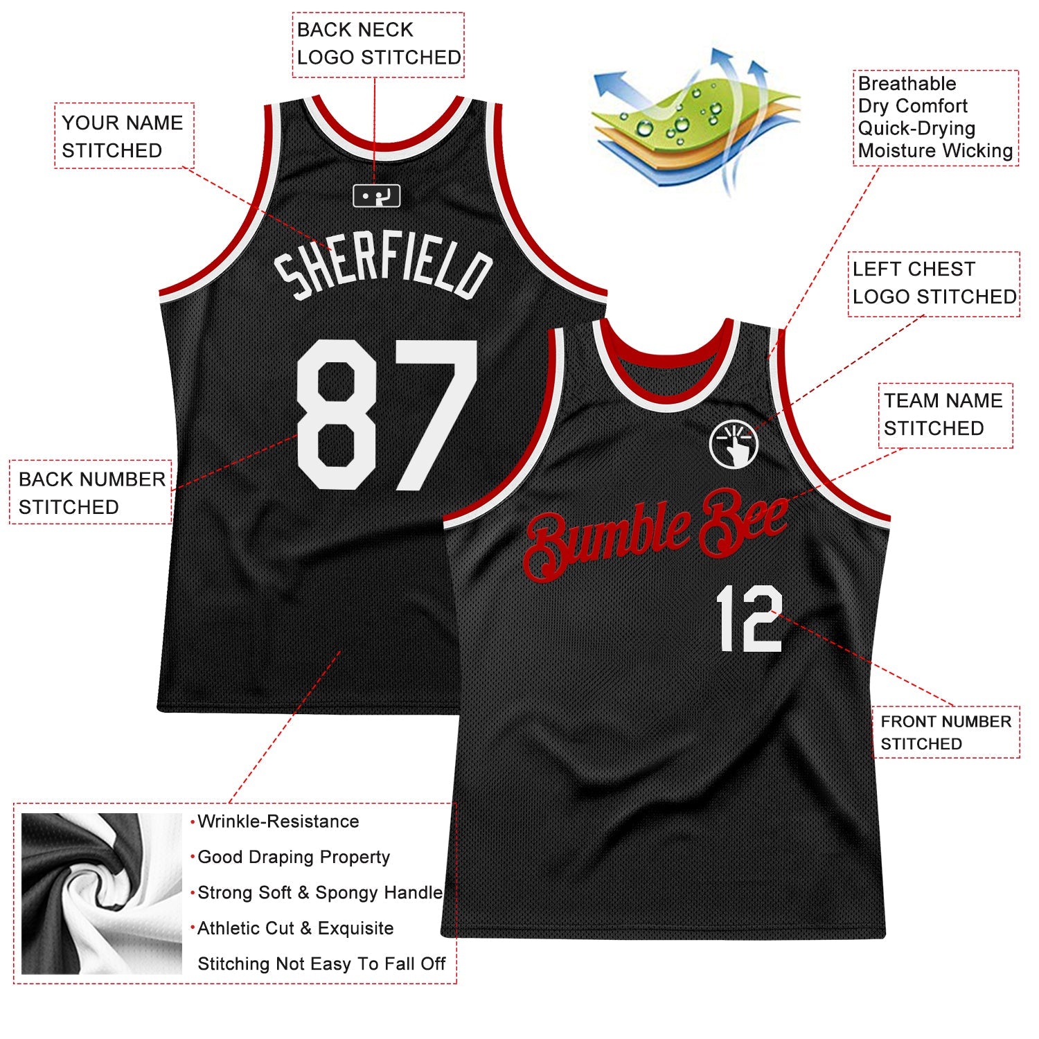Custom Black White-Red Authentic Throwback Basketball Jersey view 2