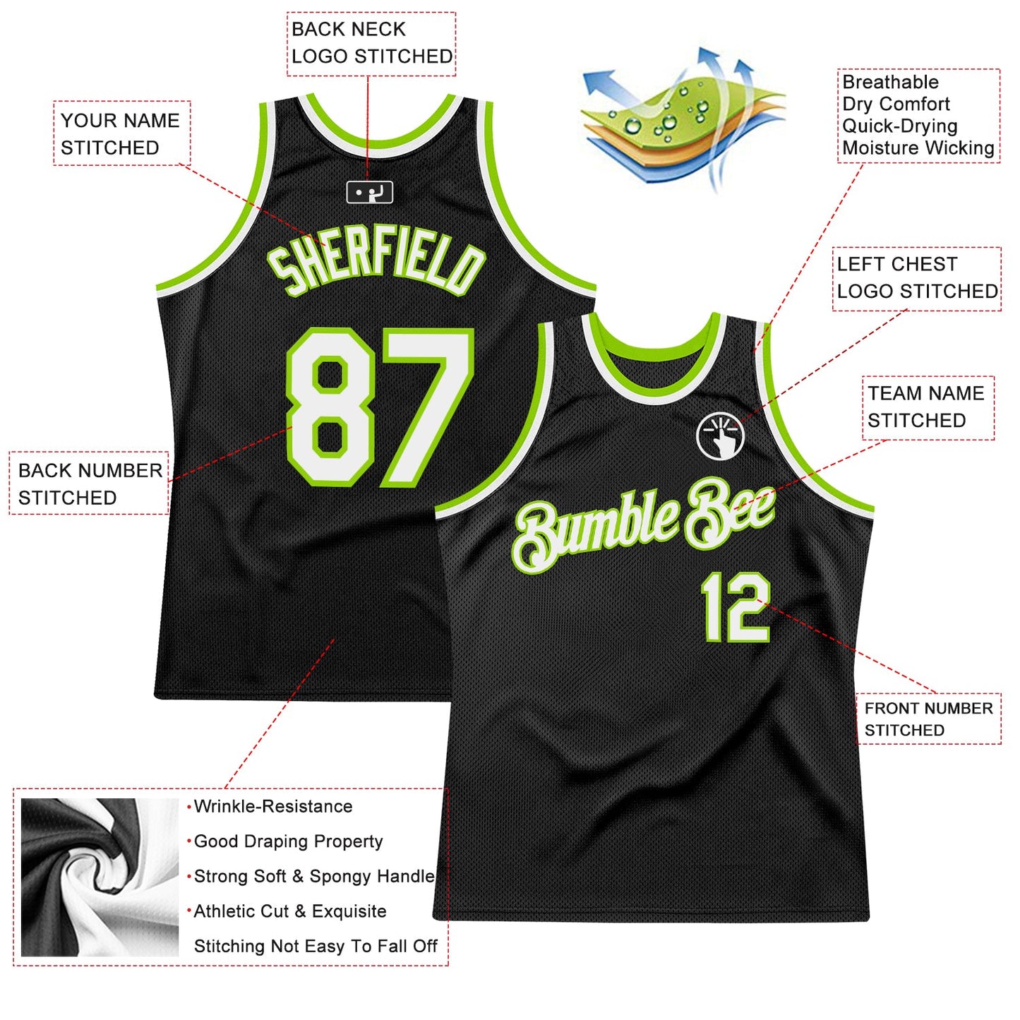 Custom Black White-Neon Green Authentic Throwback Basketball Jersey view 2