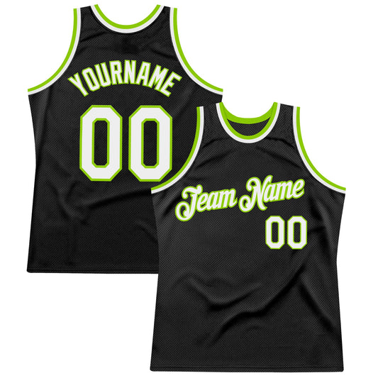 Custom Black White-Neon Green Authentic Throwback Basketball Jersey - Main View
