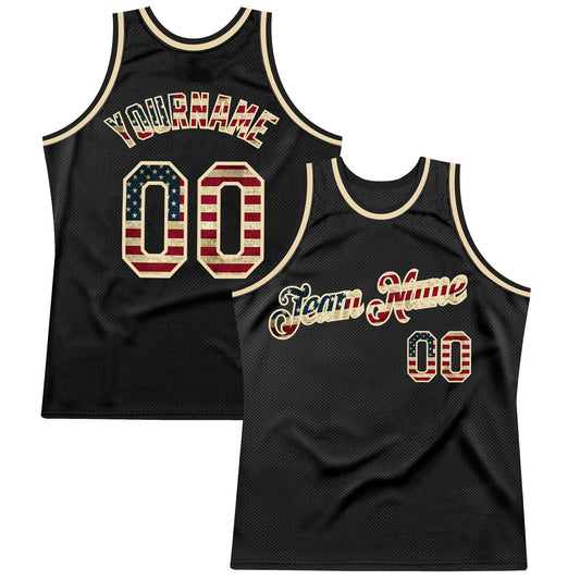 Custom Black Vintage USA Flag-Cream Authentic Throwback Basketball Jersey - Main View