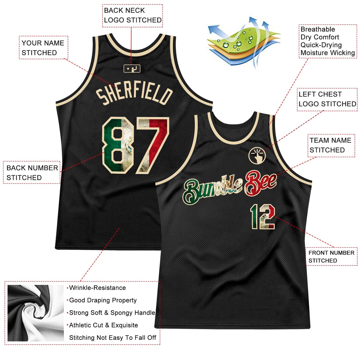 Custom Black Vintage Mexican Flag-Cream Authentic Throwback Basketball Jersey view 2