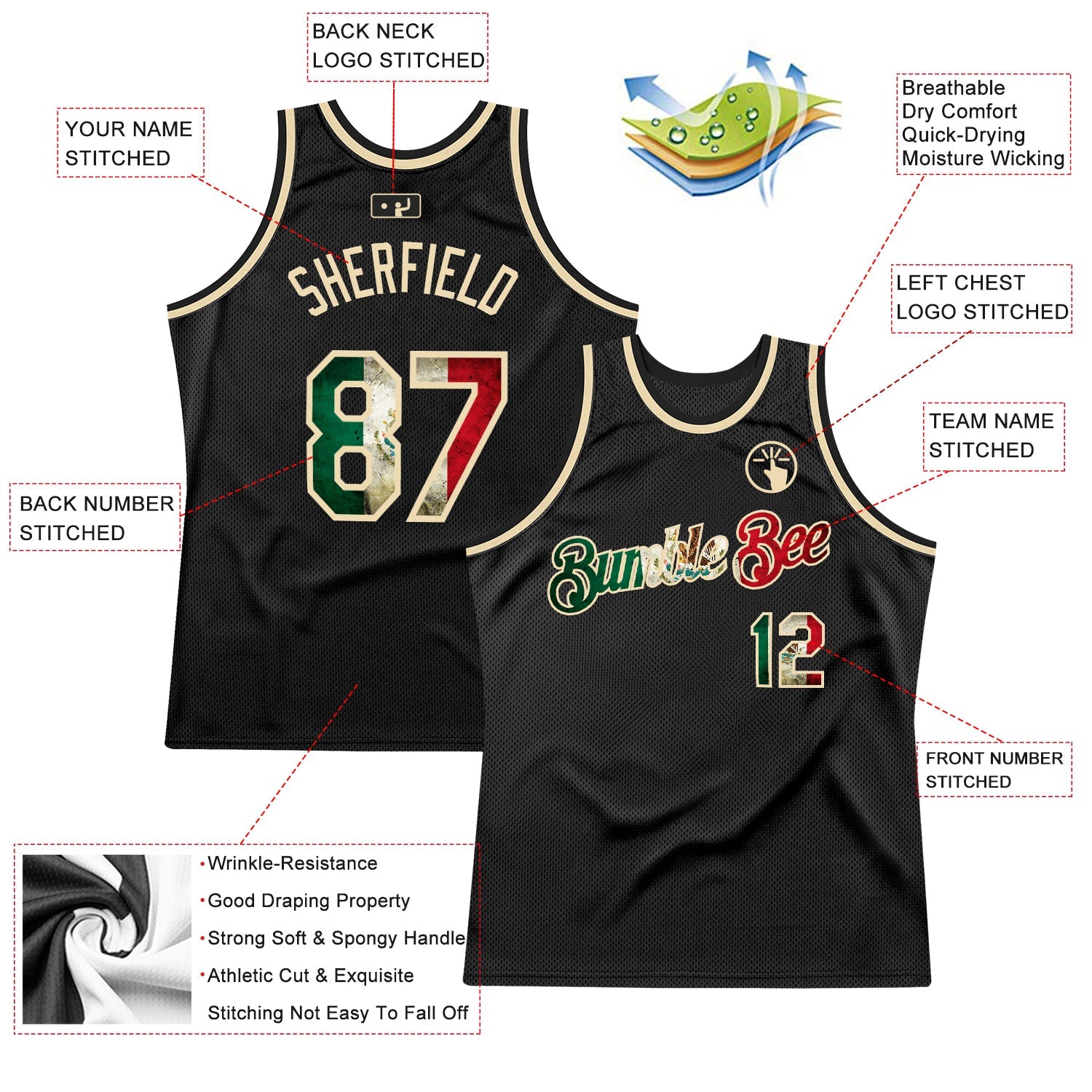 Custom Black Vintage Mexican Flag-Cream Authentic Throwback Basketball Jersey view 2
