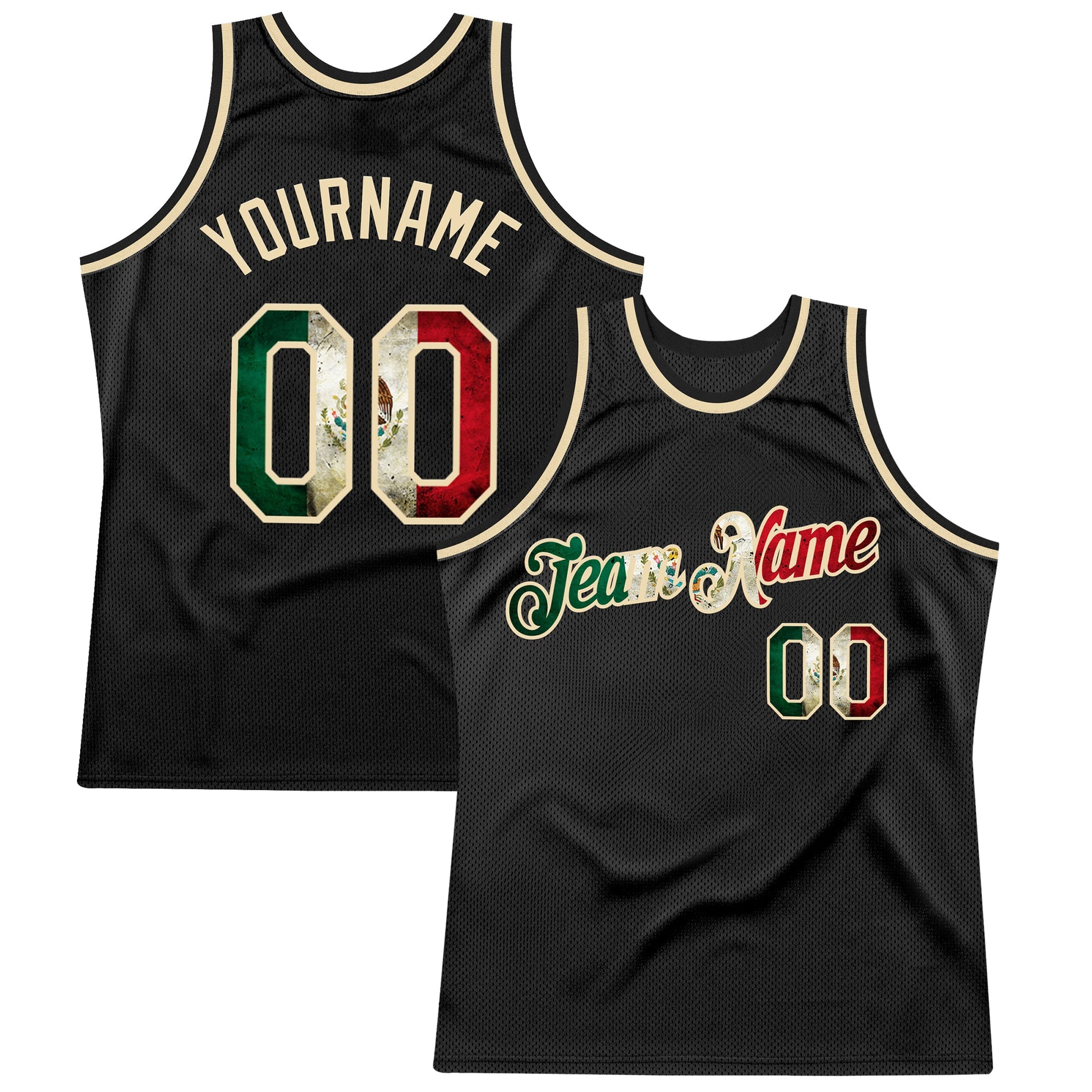 Custom Black Vintage Mexican Flag-Cream Authentic Throwback Basketball Jersey - Main View