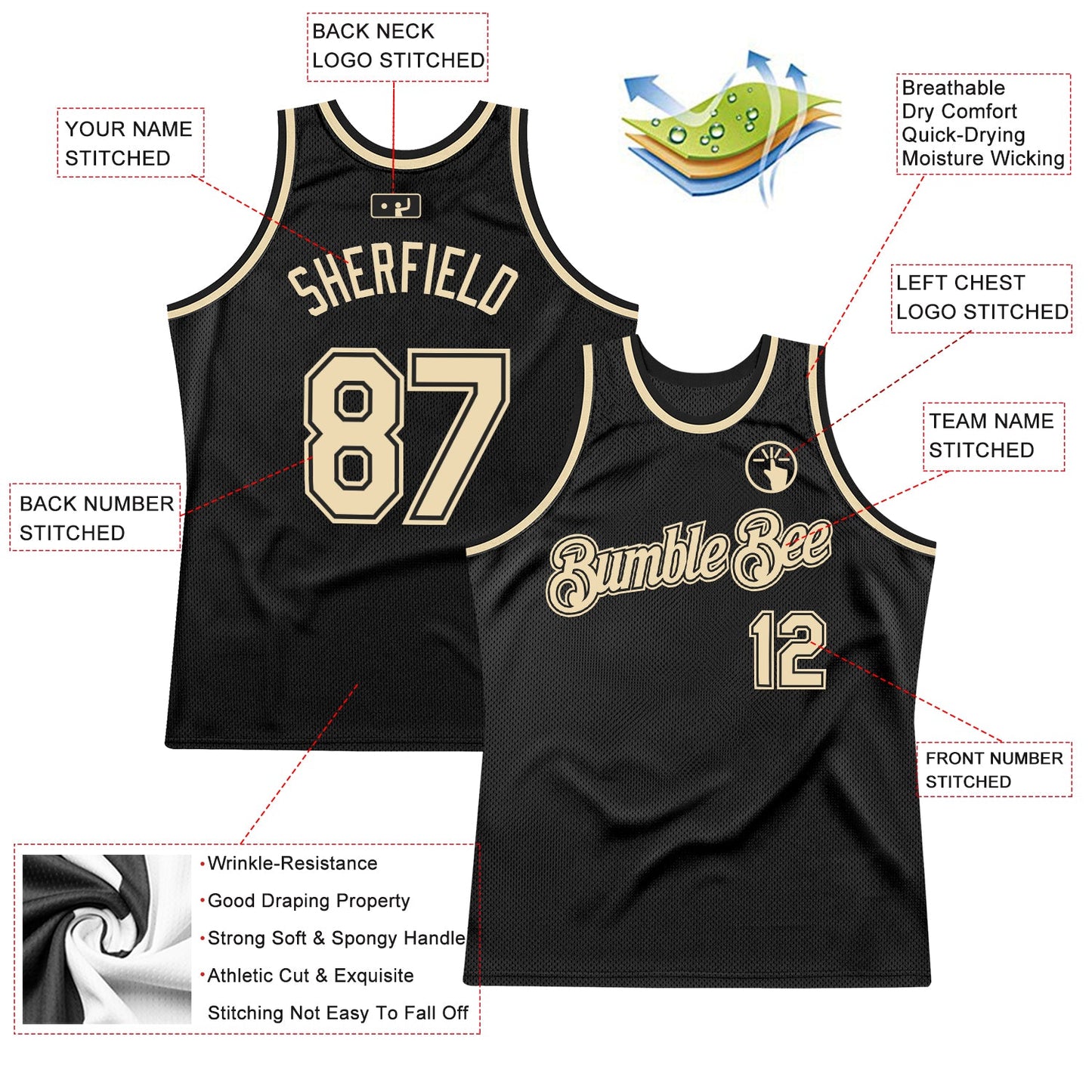 Custom Black Cream Authentic Throwback Basketball Jersey view 2