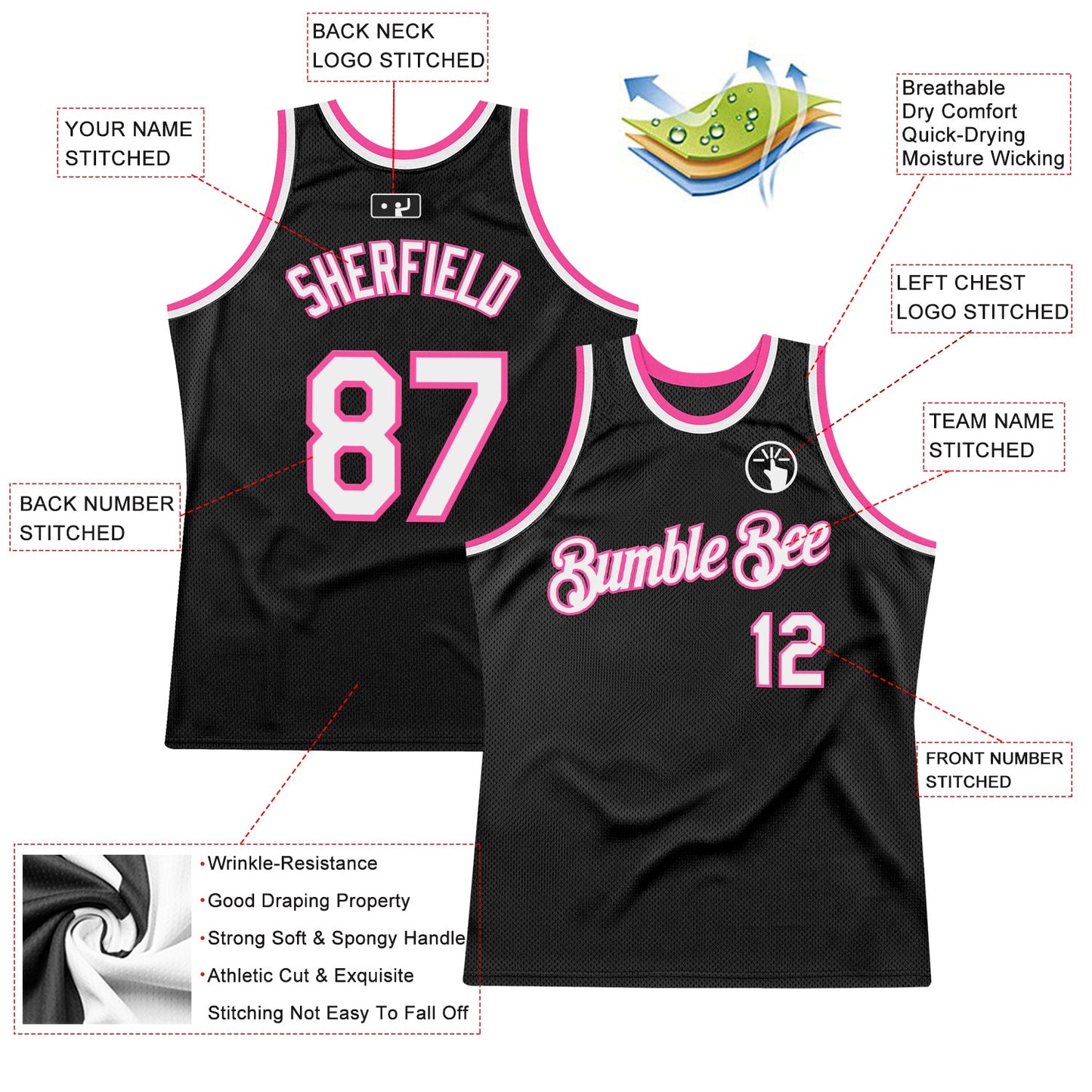 Custom Black White-Pink Authentic Throwback Basketball Jersey view 2
