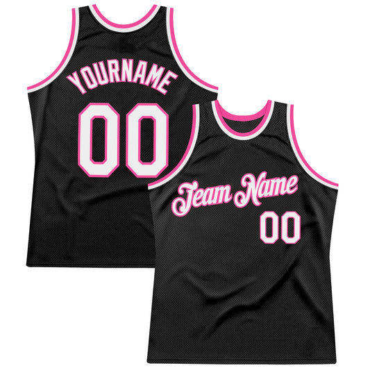 Custom Black White-Pink Authentic Throwback Basketball Jersey - Main View
