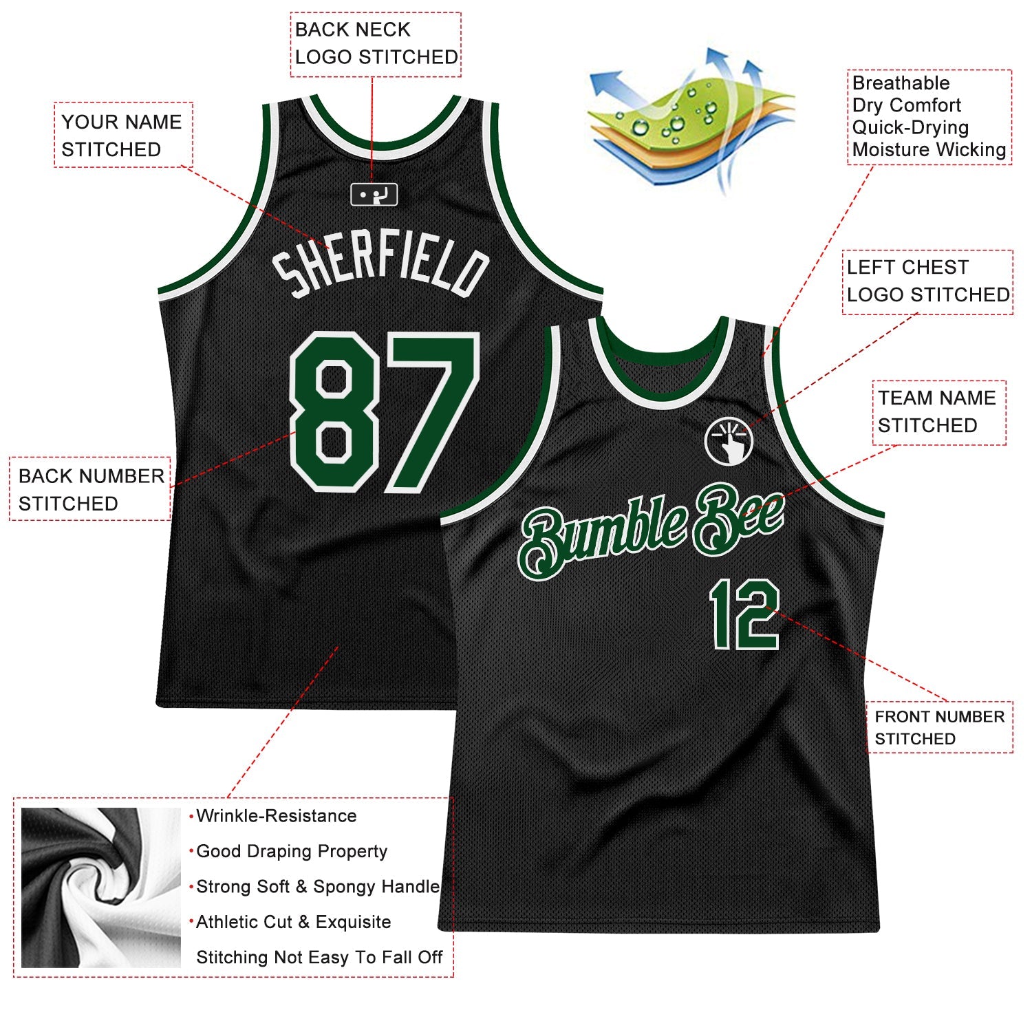 Custom Black Green-White Authentic Throwback Basketball Jersey view 2
