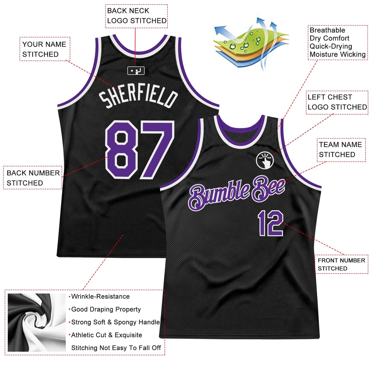 Custom Black Purple-White Authentic Throwback Basketball Jersey view 2