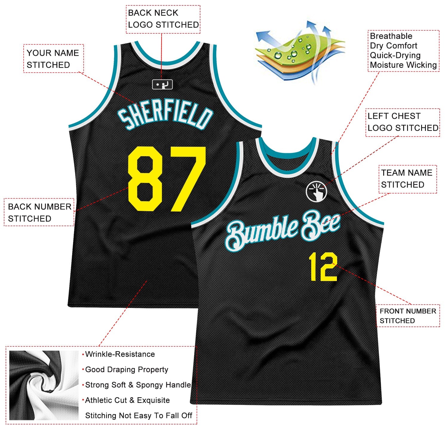 Custom Black Light Yellow-Teal Authentic Throwback Basketball Jersey view 2