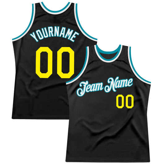 Custom Black Light Yellow-Teal Authentic Throwback Basketball Jersey - Main View