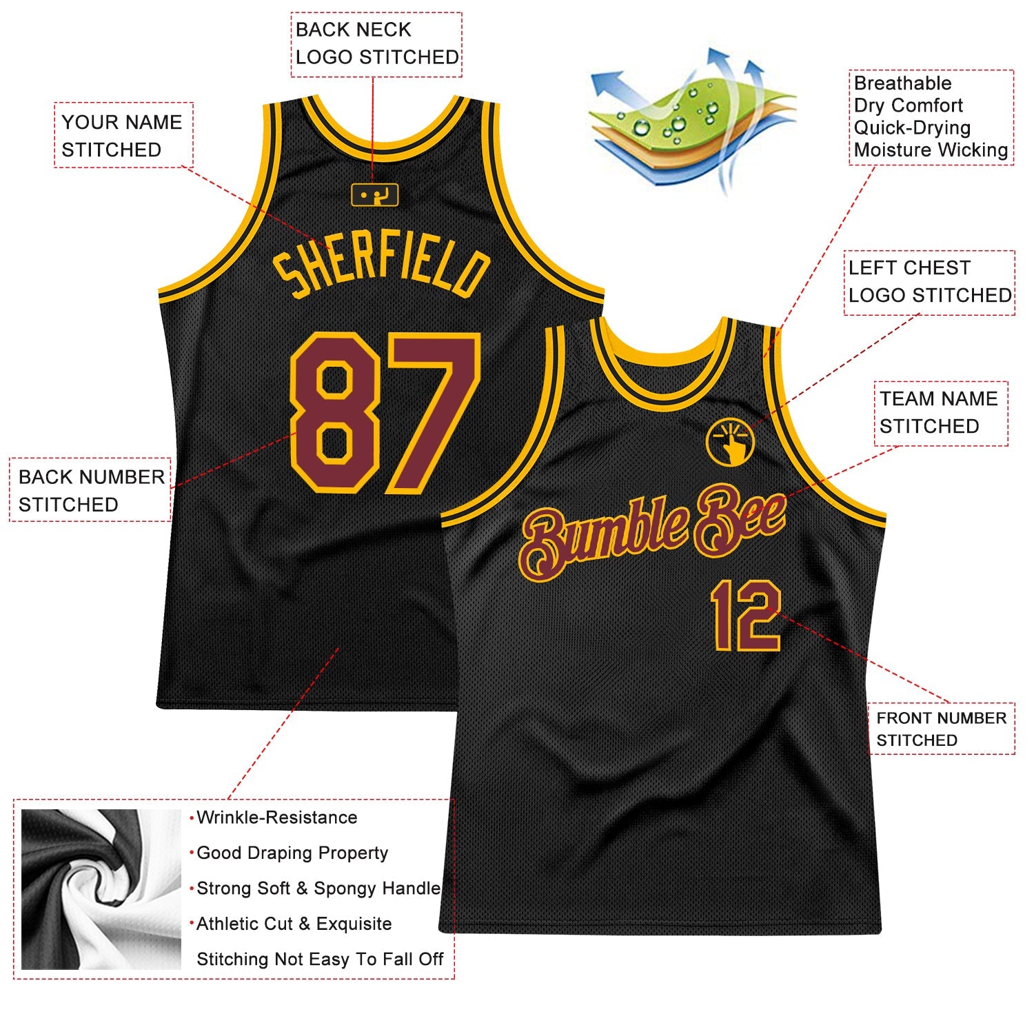 Custom Black Burgundy-Gold Authentic Throwback Basketball Jersey view 2