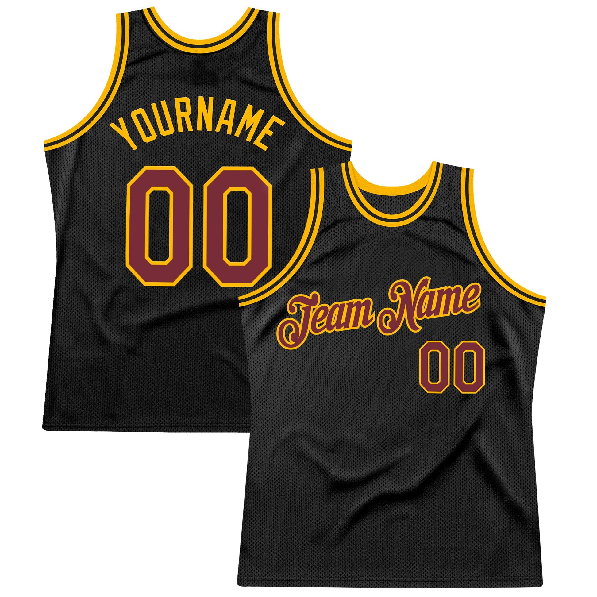 Custom Black Burgundy-Gold Authentic Throwback Basketball Jersey - Main View