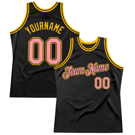 Custom Black Medium Pink-Gold Authentic Throwback Basketball Jersey - Main View