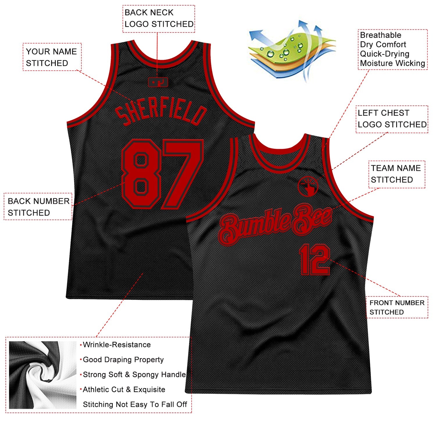 Custom Black Red Authentic Throwback Basketball Jersey view 2